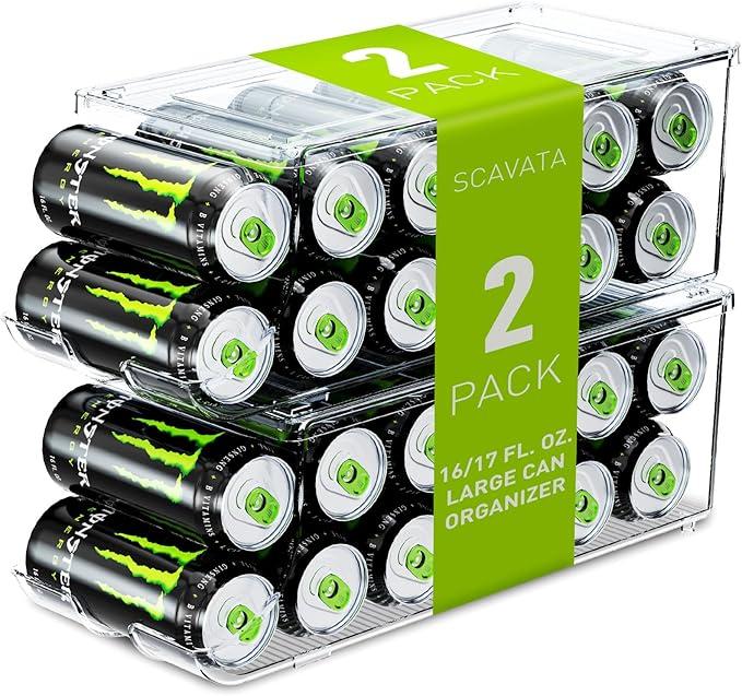 SCAVATA 2 Pack Tall Skinny Can Organizer for Refrigerator, Stackable Large Soda Cans of 16oz & 17oz Beverage Energy Drink Container Holder Dispenser with Lid for Fridge, Clear Storage Plastic Bins