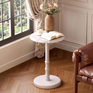 Round Side Table, 100% Solid Wood End Table, 5-Min Assembly, White