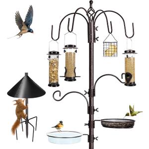 YINGYM 6Hook Bird Feeding Station Kit Wild Bird Feeder Stand Pole, MultiFeeder Hanging Kit Stand with Water Bowl, Mesh Tray and Squirrel Guard Baffle, 94 Inch