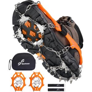 Sportneer Crampons Ice Cleats for Shoes and Boots with 28 Spikes - Traction Slip-on Stretch Footwear for Walking and Shoveling on Ice and Snow (Medium, Orange)