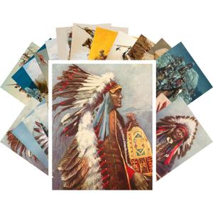 PIXILUV Vintage PostCards 24 pcs Indian Chief Native American Life and Portraits Vintage Painting (Yellow)