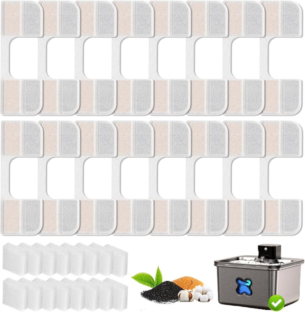 16+16 Pack Replacement Filters Compatible with FEELNEEDY 108oz/3.2L Cat Water Fountain(FN-W17), 6 Month Set for Pet Water Dispenser, Includes 16 Filters & 16 Sponges