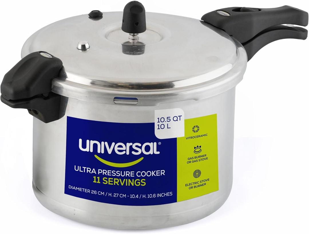 Universal (10.5 Quart / 10 Liter) Anti-Rust Ultra Pressure Cooker, Aluminum Construction for 11 Servings, and Even Heat Distribution, Diameter 10.4 inches, Height 10.6 inches