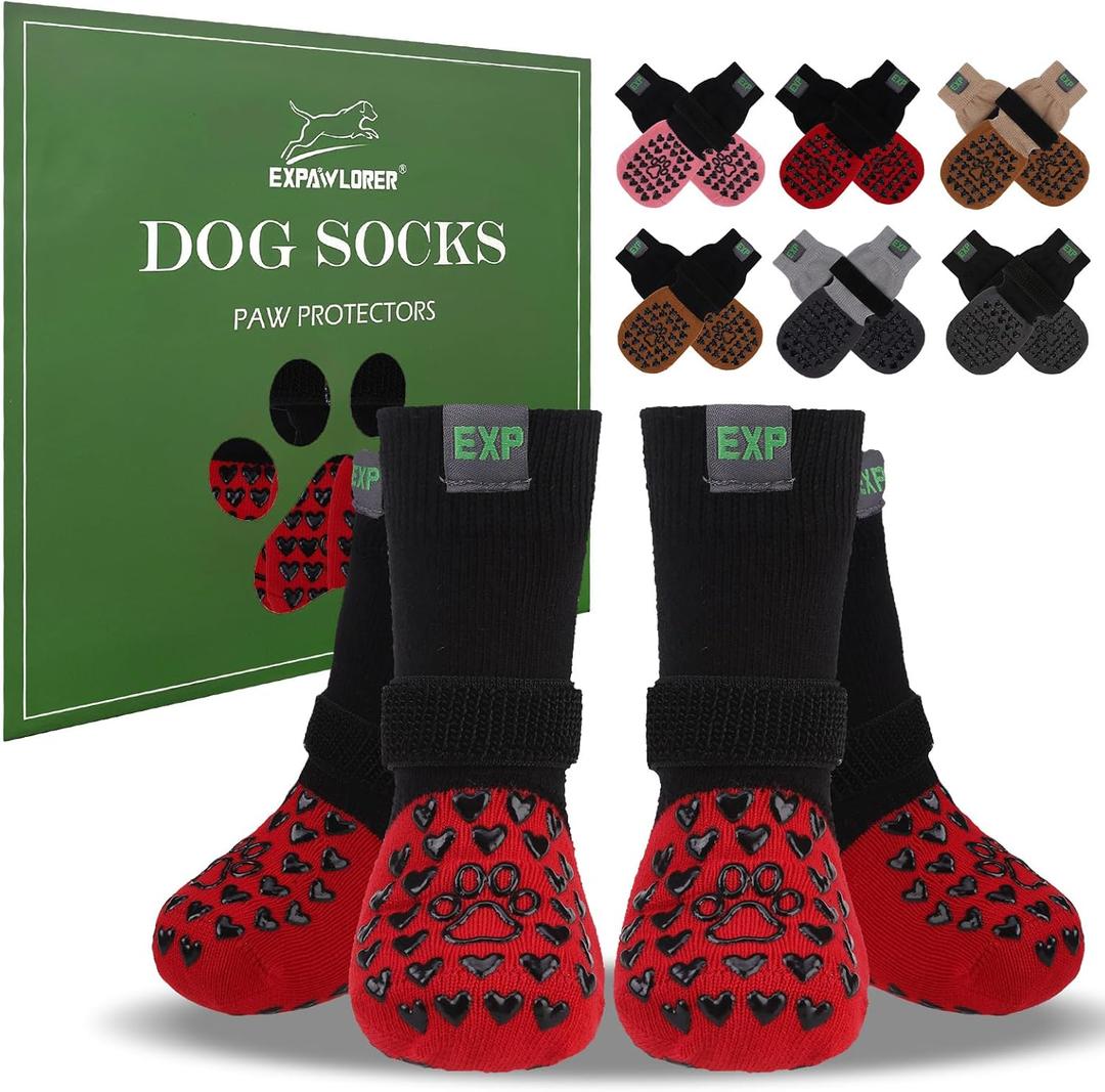 EXPAWLORER Anti Slip Dog Socks to Prevent Licking Paws - Dog Shoes for Hot Pavement, Dog Boots & Paw Protectors, Dog Booties for Hardwood Floors, Small Medium Large Senior Dogs (X-Small(Paw Width:1.8in, Red)