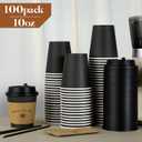 LITOPAK 100 Pack 10 oz Paper Coffee Cups for Hot Chocolate Drinks, Black Disposable Coffee Cups with Lids, Sleeves and Stirring Sticks for Parties, Picnic, Travel, and Events