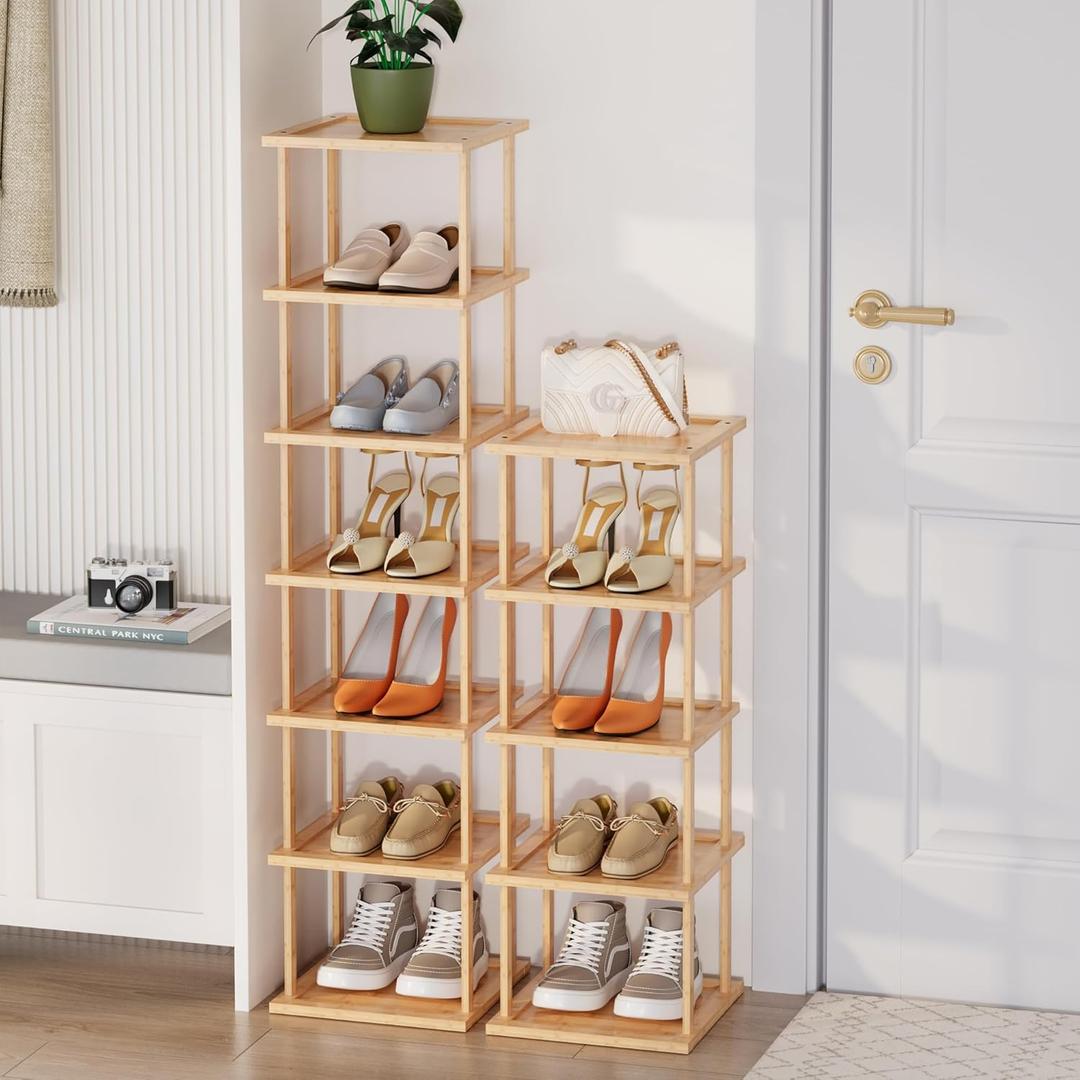 Vertical Tall Shoe Rack Organizer for Entryway 12 Tier Free Standing Slim Narrow Bamboo Wood Corner Stackable Shoe Boots Storage Stand Small Spaces for Closet Garage Cloakroom Living Room (Nature)