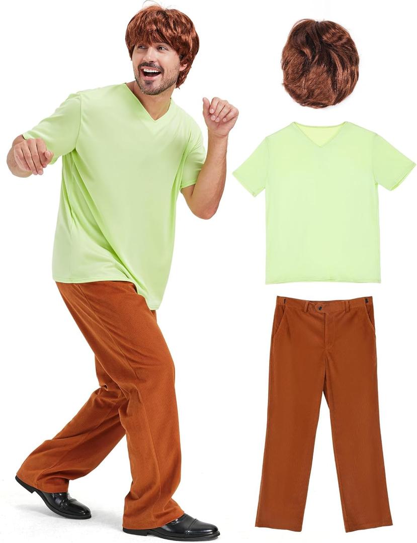 Adult Halloween Costume for Men Classic Retro Cartoon Slacker Outfit Green T-Shirt Brown Pants Wig Funny Mystery Cosplay (Medium)