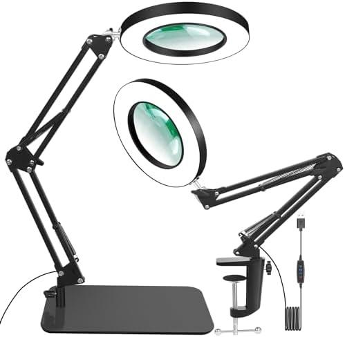 HZQDLN 12X Magnifying Glass with Light and Stand, 2-in-1 Magnifier with Light Hands Free, 5 Color Modes LED Lighted, Magnifying Lamp for Reading Craft Hobby Painting Sewing Close Work