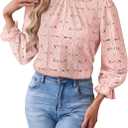 SOFIA'S CHOICE Women's Lace 3/4 Sleeve Shirts Crochet Eyelet Crew Neck Dressy Blouse Sheer Top (Pink, L)