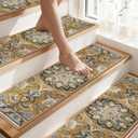 COSY HOMEER-Stair-Treads-for-Wooden-Steps Washable Indoor Stair Treads Non Slip 8" X 30" Soft Stair Carpet Treads Reusable Peel and Stick Stair Runner Rug for Kids, Elders and Pets 15pcs (Brown/Grey)