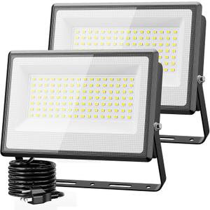 Olafus 2 Pack 100W LED Flood Light Outdoor, 9000lm LED Work Light with Plug, IP66 Waterproof Exterior Security Lights, 6500K Daylight White Outside Floodlights for Playground Yard Stadium Lawn