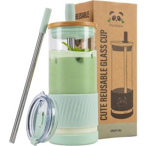 Pandaloo Glass Cups With Lids and Straws -20 Fl Oz- Perfect Size Iced Coffee Cup - Smoothie Cup With Bamboo Lid and On the go Lid (Sweet Sage, 1 Count (Pack of 1)