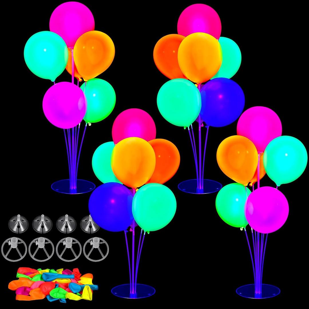 4 Set UV Neon Light up Glow in the Dark Balloon Stand Centerpiece Table Decorations Black Light Latex Birthday Balloon for Party Decorations