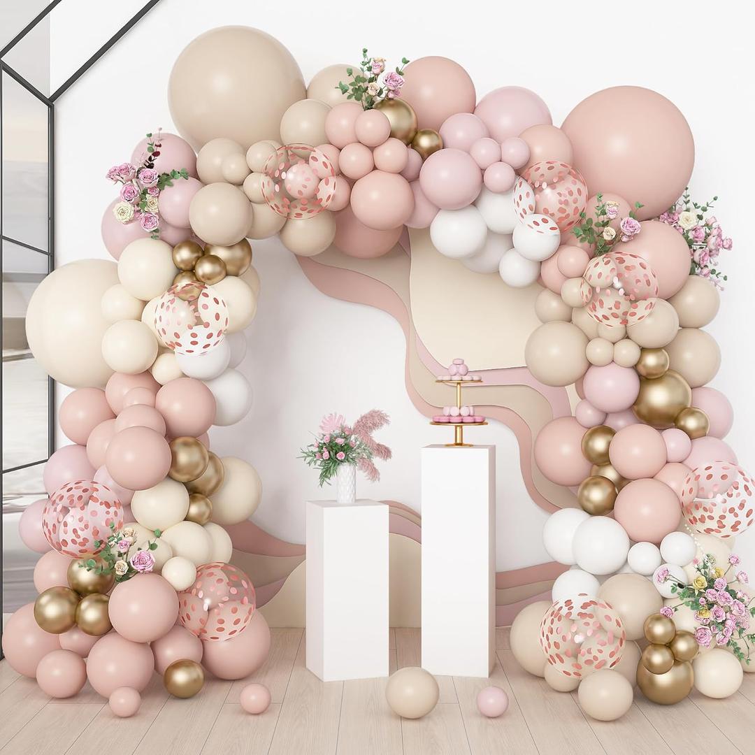 Amandir 173Pcs Boho Dusty Pink Balloon Arch Garland Kit, Neutral Baby Pink Ivory White Sand Nude Rose Gold Confetti Balloons for Monther Day Shower Gender Reveal Wedding Birthday Party Decorations