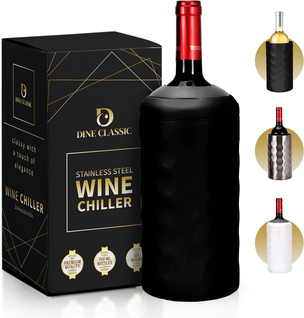 Premium Wine Chiller - 750ml Stainless Steel Wine Bottle Cooler, Vacuum Insulated & Double-Walled - Keeps Wine Cold for 6+ Hours - Champagne Chiller Sleeve for Most Bottles - Black