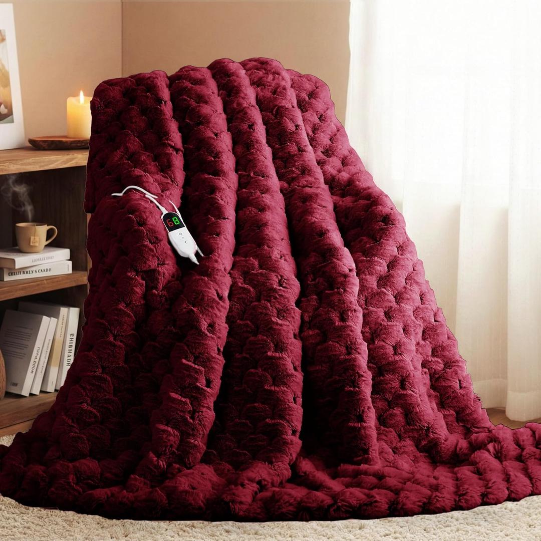 Homemate Heated Blanket Electric Throw - 50"x60" Heating Blanket Throw 4 Hours Auto-Off 10 Heat Levels Over-Heat Protection Luxury 800 GSM Faux Fur 200 GSM Sherpa ETL Certification (35 - Carmine)