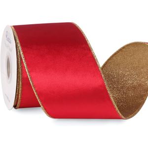 Ribbli Red Velvet Ribbon Wired 4 Inch Glossy Velvet with Gold Glitter Christmas Ribbon for Christmas Tree Decoration Big Bow Gift Wrapping Crafts Wreaths Supplies - Continuous 10 Yards