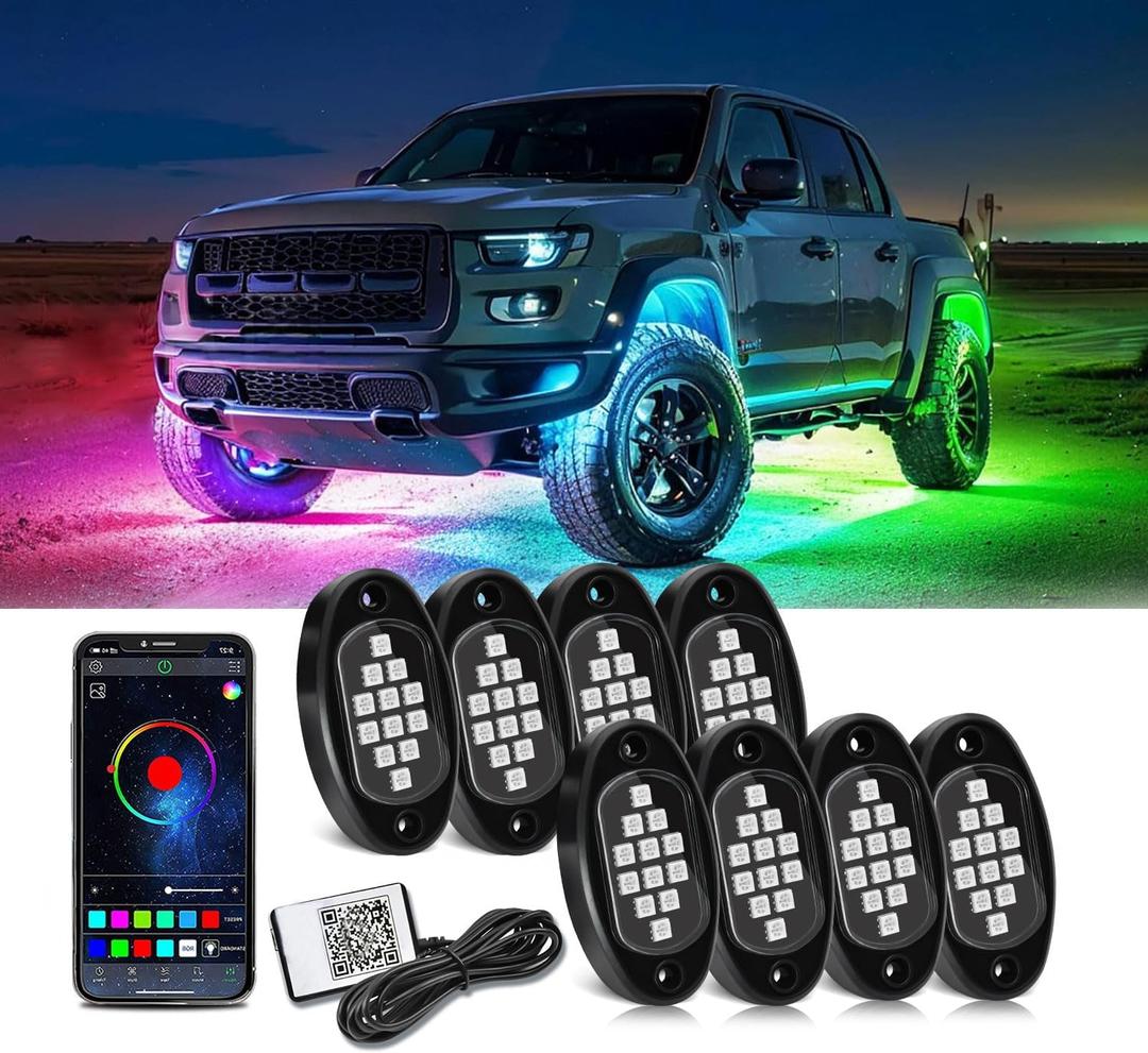 YUGUANG Rock Lights for Trucks, 8 Pods RGB LED Rock Lights with APP Control Music Mode Multicolor Waterproof Underglow for Truck UTV ATV Cars RZR SUV