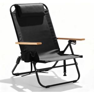 Premium Portable Camping Chair 5-Position Recliner Beach Folding Lightweight Outdoor Chair with Wooden Armrests, Headrest, Multi-Pockets Heavy Duty 350lbs, for Patio, Backyard, Black