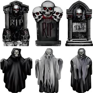 3 x 6 Pcs Halloween Decorations Outdoor, 17" Large Realistic Halloween Cemetery Tombstone Yard Signs with Stakes, Waterproof Lawn Garden Outside Decorations - Set 2