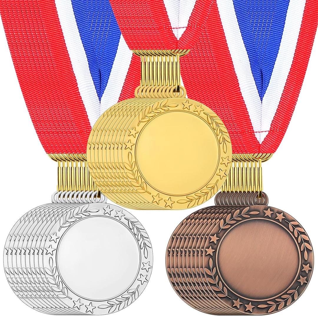 Junkin 24 Pcs Blank Medals for Awards with Neck Ribbons Winner Participation Custom Medals Awards Make Your Own Kit 1st Place Cheer Participation Trophy Metal Prize Gift (Multi Colors)
