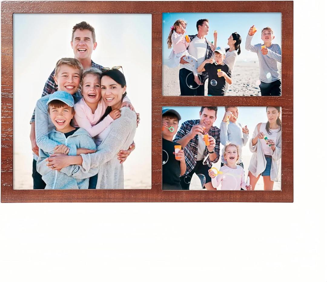Collage Picture Frame for Wall, 8x10 with Two 5x7 Openings, Brown Farmhouse Rustic Wood Frame with HD Glass, Multi Opening Photo Frame for Wall or Tabletop Display