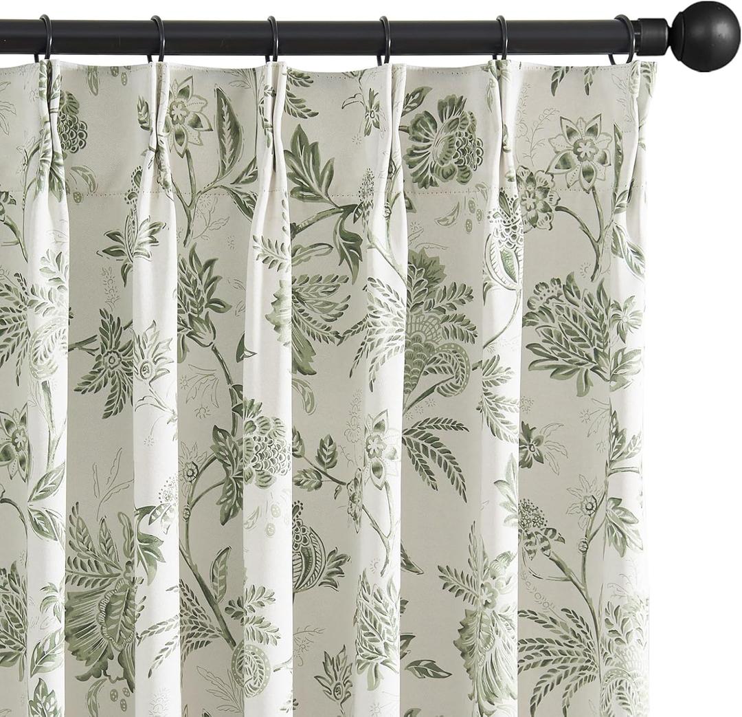 jinchan Pinch Pleated Curtains Blackout Floral Curtains for Bedroom Printed Flower Black Out Drapes, 84 Inches Long Curtain, Back Tab Sage Green Window Curtain Drapes with Hooks Set 2 Panels
