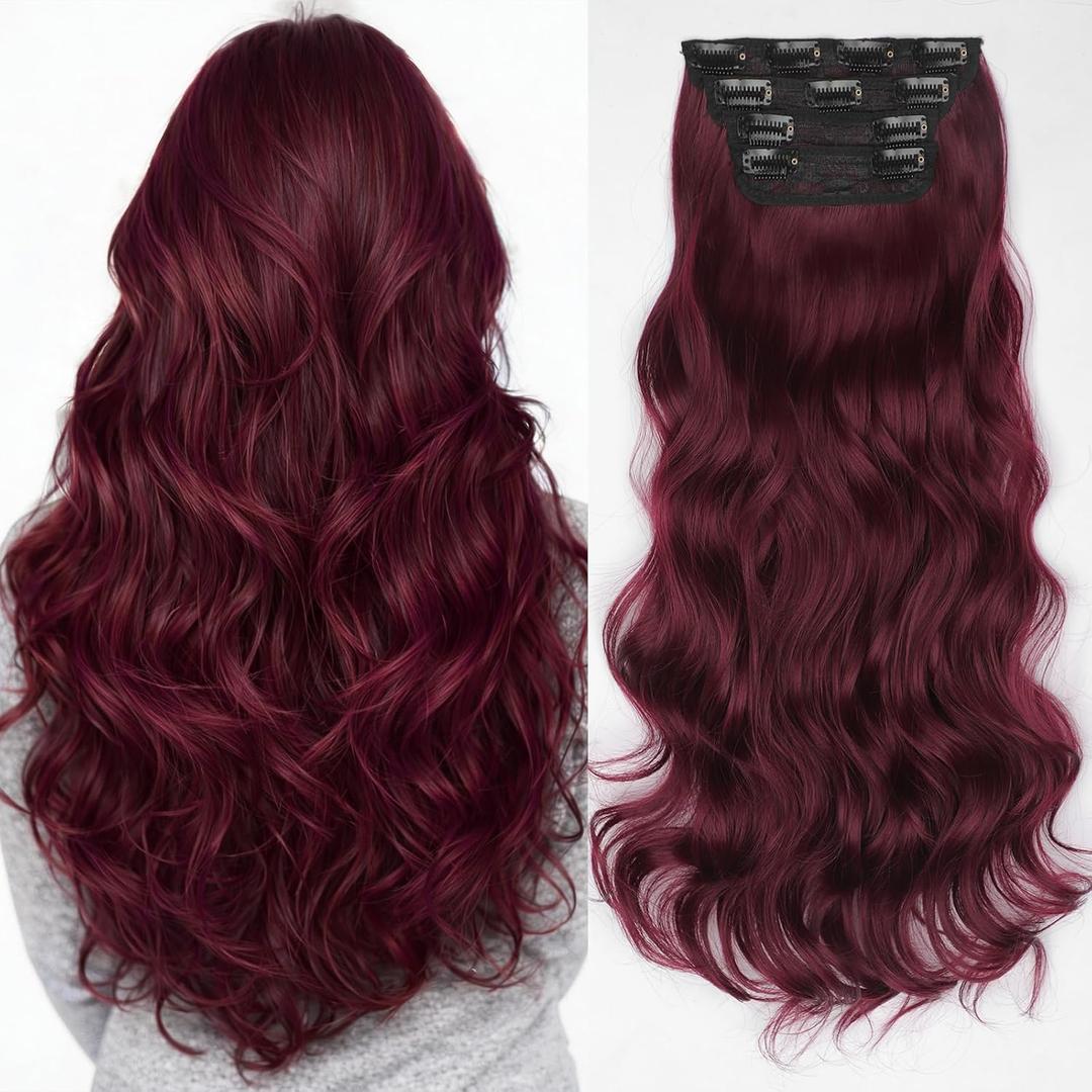 Kookastyle Clip in Hair Extensions, Natural Long Layered Soft Invisible Synthetic Curly Hairpieces for Women,4 pcs(20 InchBurgundy)