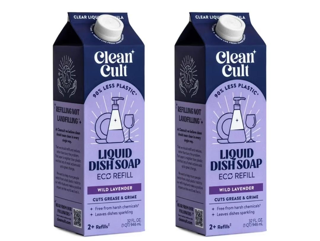 Cleancult Dish Soap Liquid Refill (32oz, 2 Pack) - Plant Based Cleaning Power - Dish Soap that Cuts Grease & Grime - Free of Harsh Chemicals - Uses 90% Less Plastic - Wild Lavender