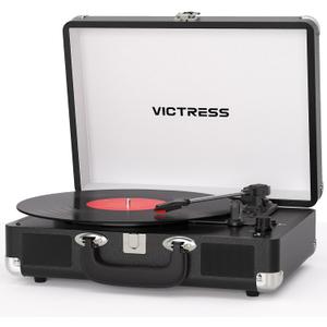 Vinyl Record Player with Bluetooth in/Out, Vintage Portable Suitcase Record Player, 3-Speed LP Turntable with USB Vinyl-to-MP3 Conversion, Stereo Speakers, RCA in & Headphone Jack, Black