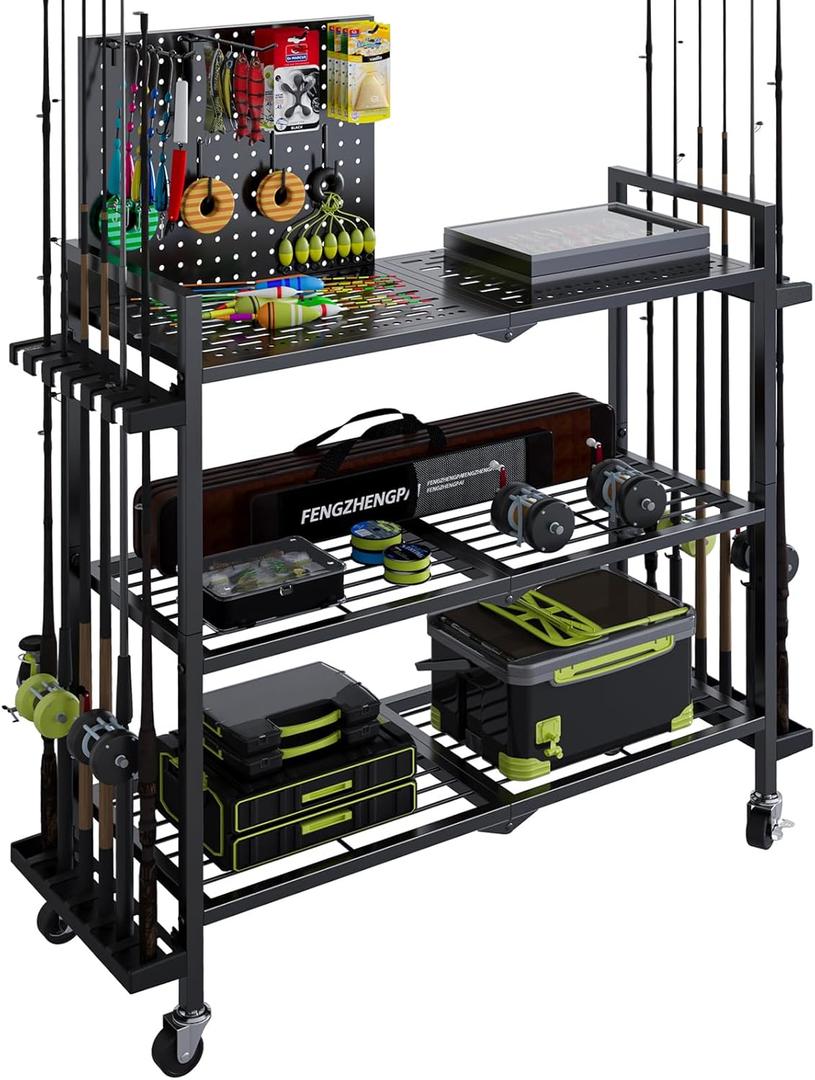 Fishing Rod Holders for Garage, Fishing Rod Stand with Wheels and Pegboard, 3-Tier Pole Storage Rack with 8 Hooks and 12 Rod Slots, Ideal for Tackle, Backpacks, and Gear