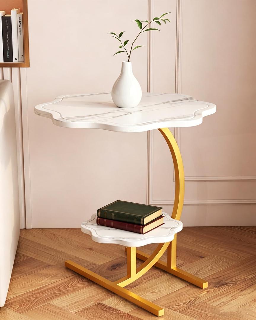 2 Layers Flower Shape Marble Texture Small C-Shaped Side Table,Snack Side Table, End Table for Sofa SideTable,Bedside Table for Living Room Kitchen Garden Bedroom