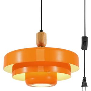 Vintage Plug in Pendant Light Kitchen Island Mid Century Hanging Lamp with Plug in Cord 3-Layer Orange Metal Pendant Light with Wood Accent for Living Room Dining Bedroom Kitchen, Orange, Wood
