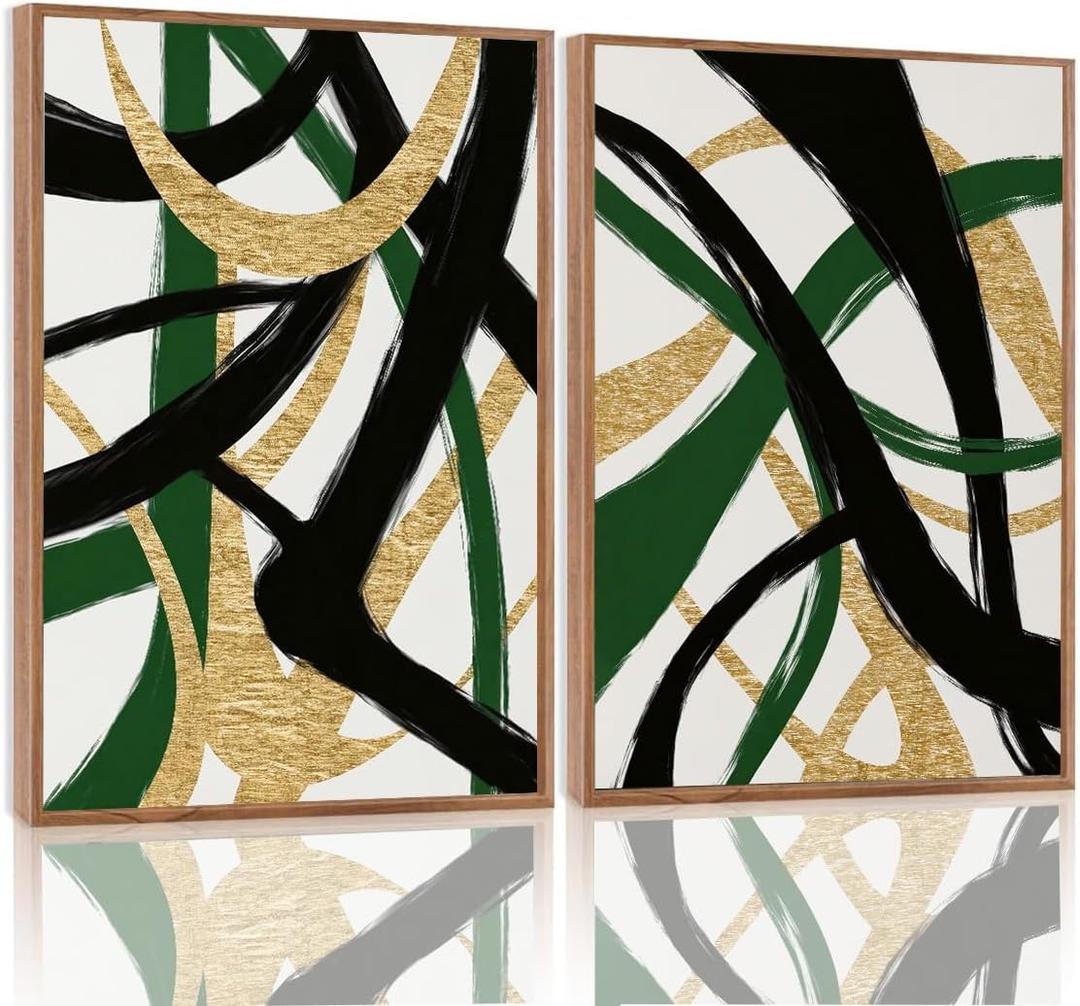 Yolbcdr Framed Wall Art Abstract Canvas Wall Art Set of 2 Black Gold and Green Decor Pictures Modern Print Artwork for Bedroom Living Room Office 12x16 inch Framed
