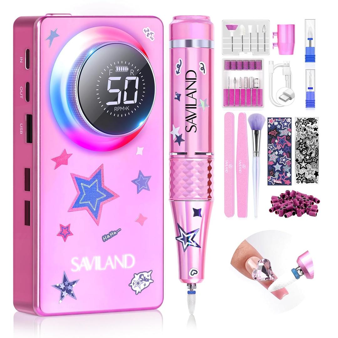 SAVILAND 50000RPM Professional Nail Drill: Rechargeable Electric Nail File 6000mAh Battery Nail Filer Electric for Manicure Pedicure Shaping & Acrylic Removal Salon Use Drill para Uas Profesional (1-pink 2025)