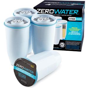 ZeroWater Official Replacement Filter - 5-Stage 0 TDS Water Filter Replacement IAPMO Certified to Reduce Lead, Chromium, and PFOA/PFOS 4-Packs