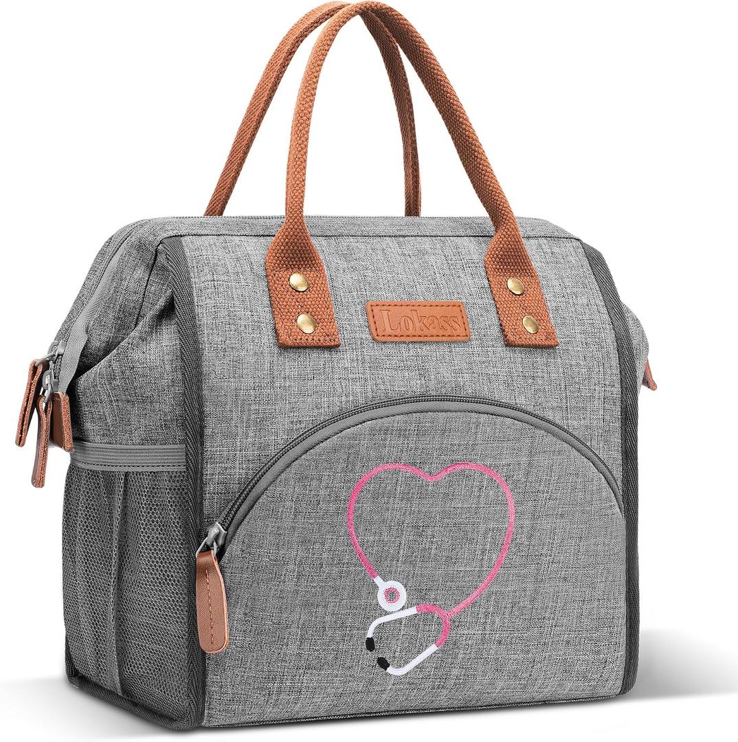 Nurse Gifts for Women - Embroidered Nurse Lunch Bag for Work, Large Capacity Wide-Open Lunch Box Insulated Reusable Lunch Tote Cooler Bag, Practical Nurse Accessories for Daily Use, Grey