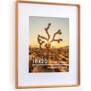 RICHFOCUS 16x20 Picture Frame USA-Sourced Natural Cherry Solid Wood Photo Frame Handcrafted Rounded Corner Wodden Frame with Real Glass Display Photos 11x14 with Mat or 16x20 Without Mat