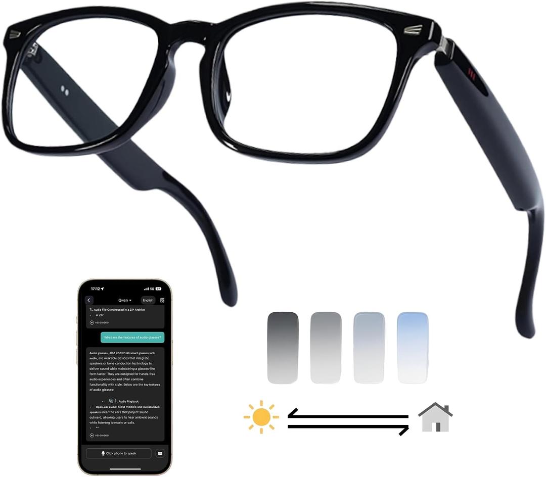 AI Smart Wireless Bluetooth Translation Glasses for Men/Women with Speakers/Bluetooth&140+ Languages Translation Sports/Travel/Drive/Busniess (C3+AI+Color Change Lenses+Black)