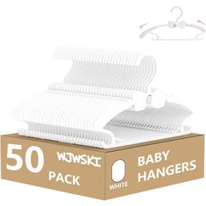 Baby Hangers 50 Pack, 11-14.5" Adjustable Kid Hangers for Newborn Closet, Plastic Non-Slip Small Infant Hanger for Toddler Pant, Child Coat Hanger for Boy Nursery Clothing, Girl Dresses, White