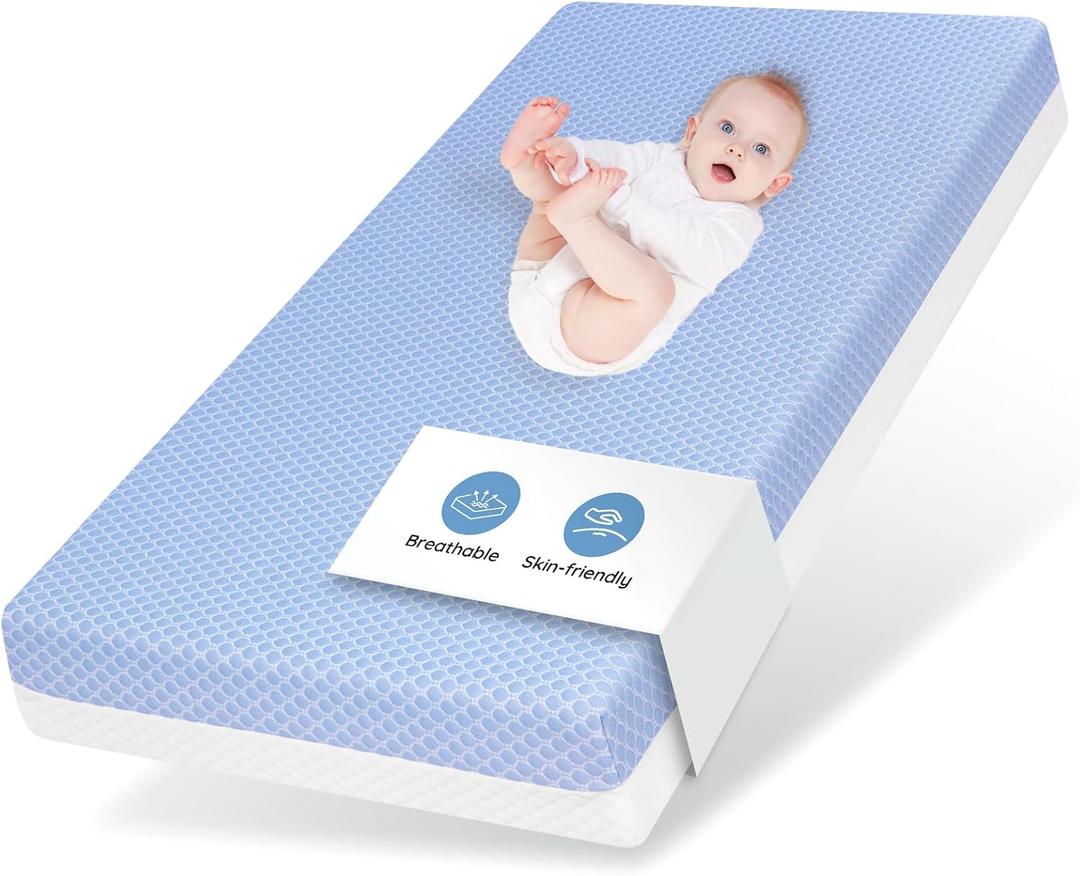 Crib Mattress Dual Sided Memory Foam Baby Toddler Bed Mattress, 52" x 27.6" x 5.5" Soft Breathable Mattresses with Removable Machine Washable Cover, Fits Standard Cribs&Toddler Beds, White&Blue, 52"l X 28"w X 5.5"th