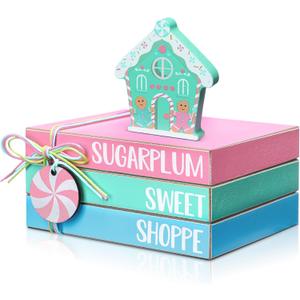 Yookeer 4 Pieces Pastel Christmas Gingerbread House Tiered Tray Decor Mini Wood Book Stacks Table Decorations Pastel Candy Wooden Book Table Sign for Christmas Home Room Mantle Fireplace Shelf