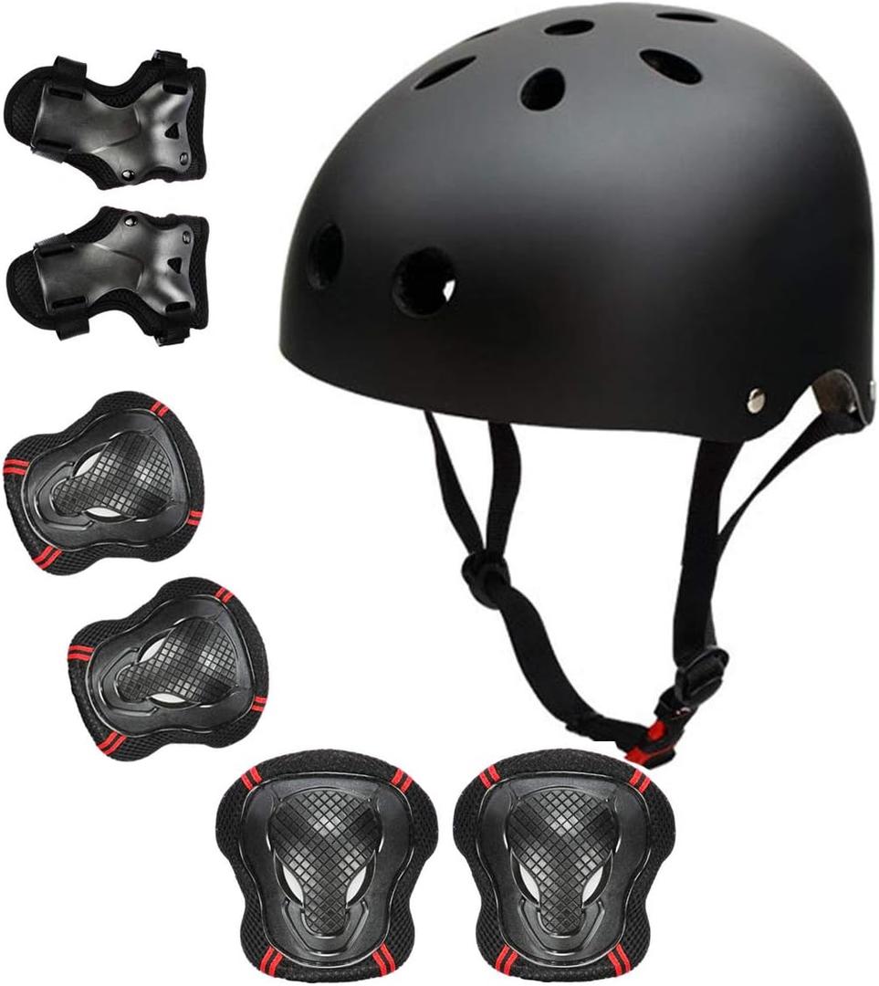 Skateboard Bike Helmet for Adults Adjustable Knee Elbow Pads Wrist Guards Protective Gear Helmets Set Teens for Bicycle Cycling Skate Scooter Bicycle Helmet (Small( Head:19-21inch), Black-2)