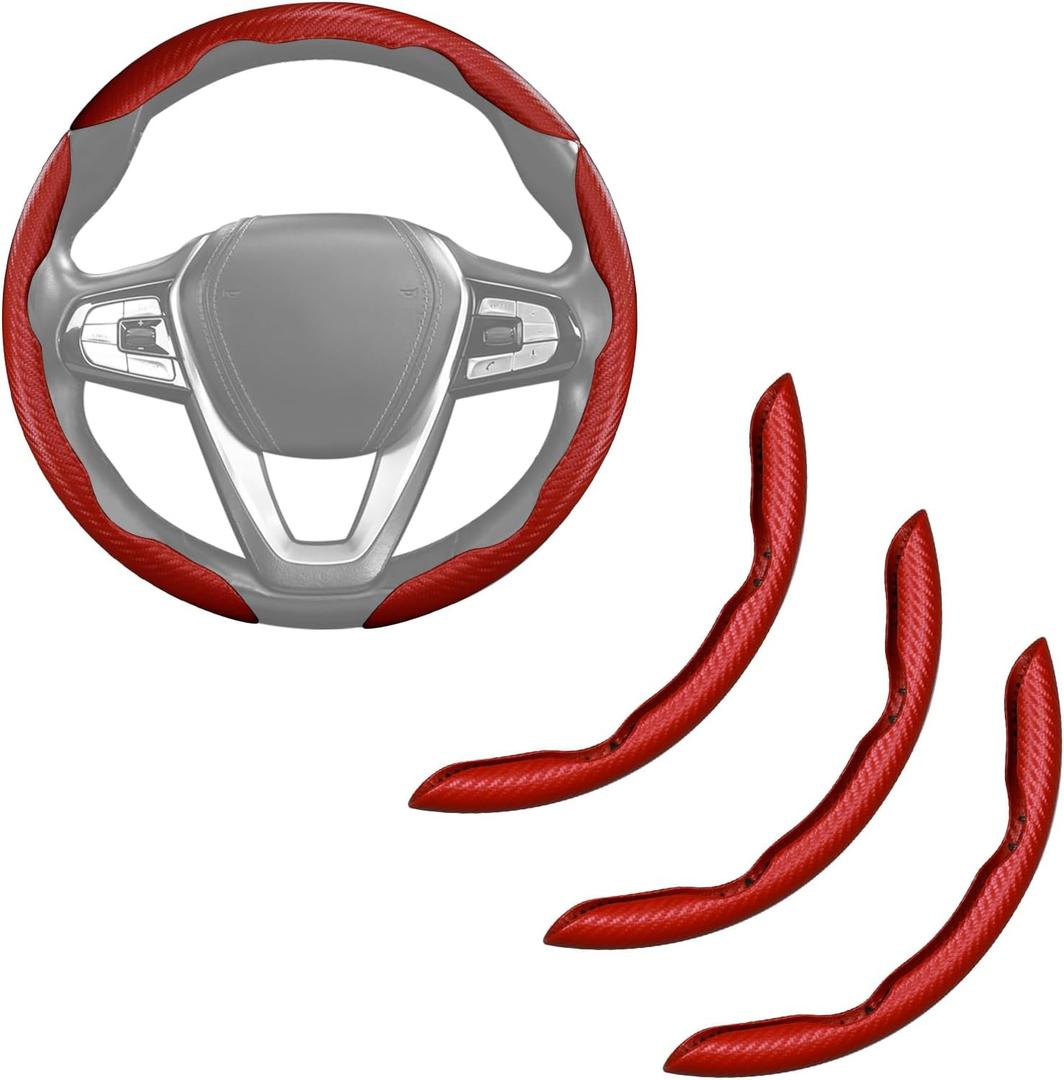 Carbon Fiber Steering Wheel Cover Anti-Slip Wrap Snap on Car Steering Wheel Accessories Grip 15 inch Universal 3pc Matte Red