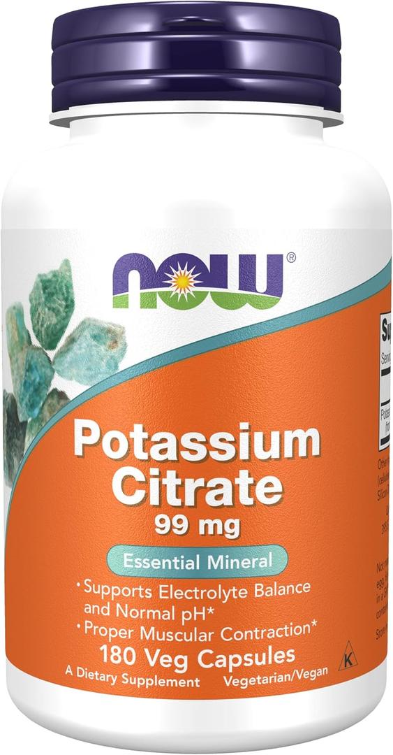NOW Foods Supplements, Potassium Citrate 99 mg, Supports Electrolyte Balance and Normal pH*, Essential Mineral, 180 veg Capsules (EXP 06/01/27)