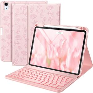 Harvopu Compatible for iPad Air 11-inch/Air 5th 4th Generation Case with Keyboard - Backlit Detachable, Folio Cover with Pencil Holder for iPad Air 11 Inch M3/M2, Air 5/ Air 4 (Floral Pink)