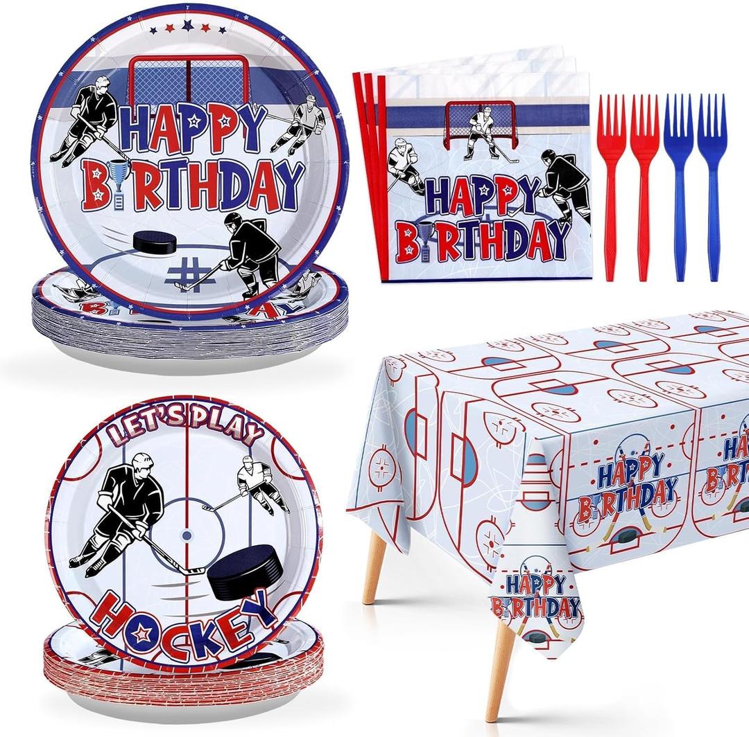 Grencian 98Pcs Hockey Party Supplies Ice Hockey Birthday Party Set Including Plates Napkins Forks and Tablecloth Disposable for Boys Kids' Birthday Hockey Fans Sports Games Themed Party Decoration