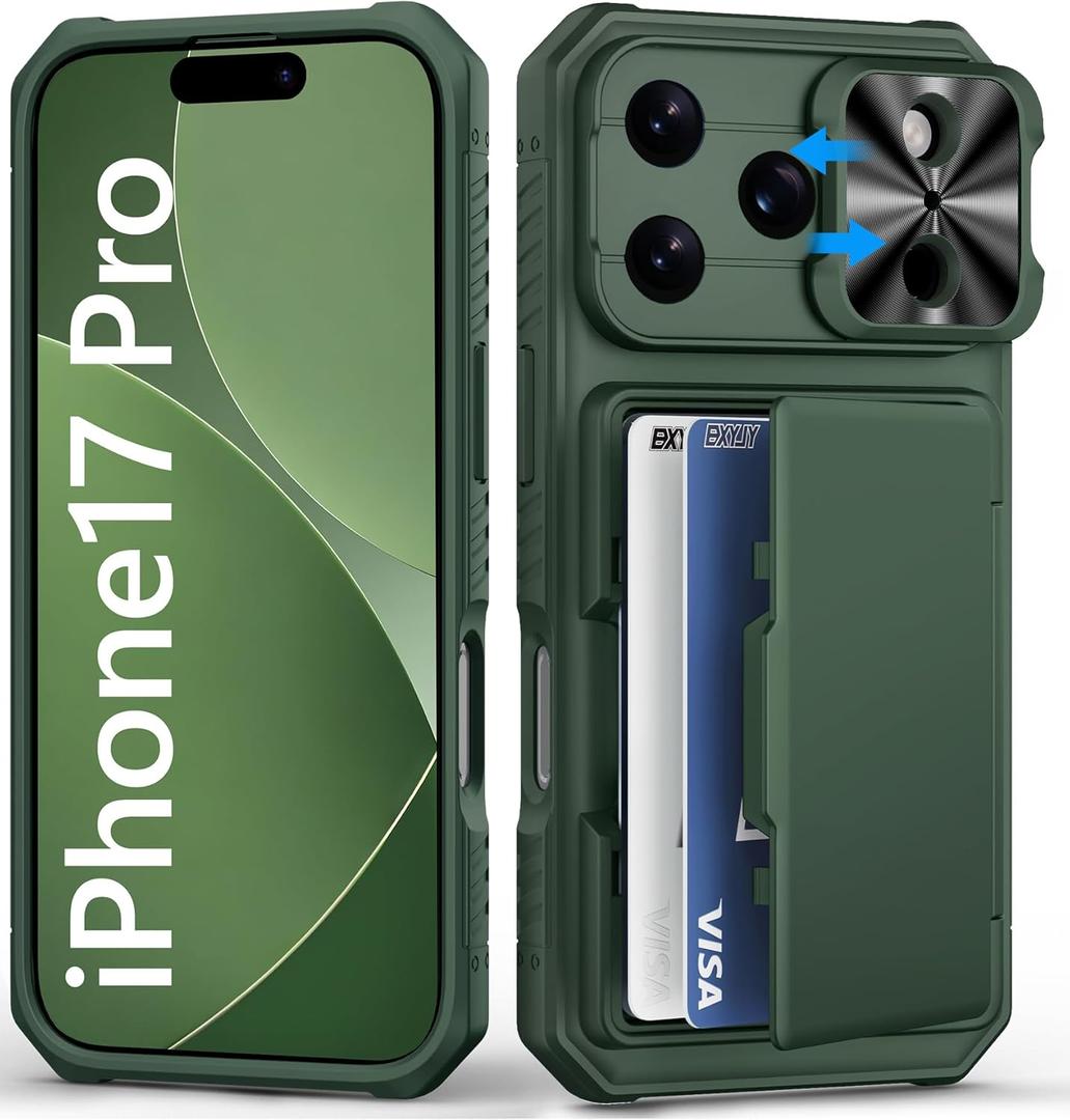 BXYJY for iPhone 17 Pro Wallet Case, Credit Card Holder (4-5 Cards), Slide Lens Cover, Military Drop Protection, Rugged Heavy Duty Women Men Protective Phone Case for iPhone 17Pro 6.3", Green