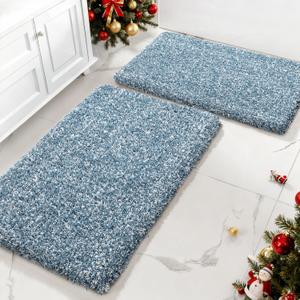 Yimobra Bathroom Rug Set 2 Piece, Soft Absorbent Microfiber Bath Mat Set, Non Slip Machine Washable Dry, Plush Shaggy Shower Rugs for Bathroom Floor, 32"x20"+24"x17", Denim Blue and White