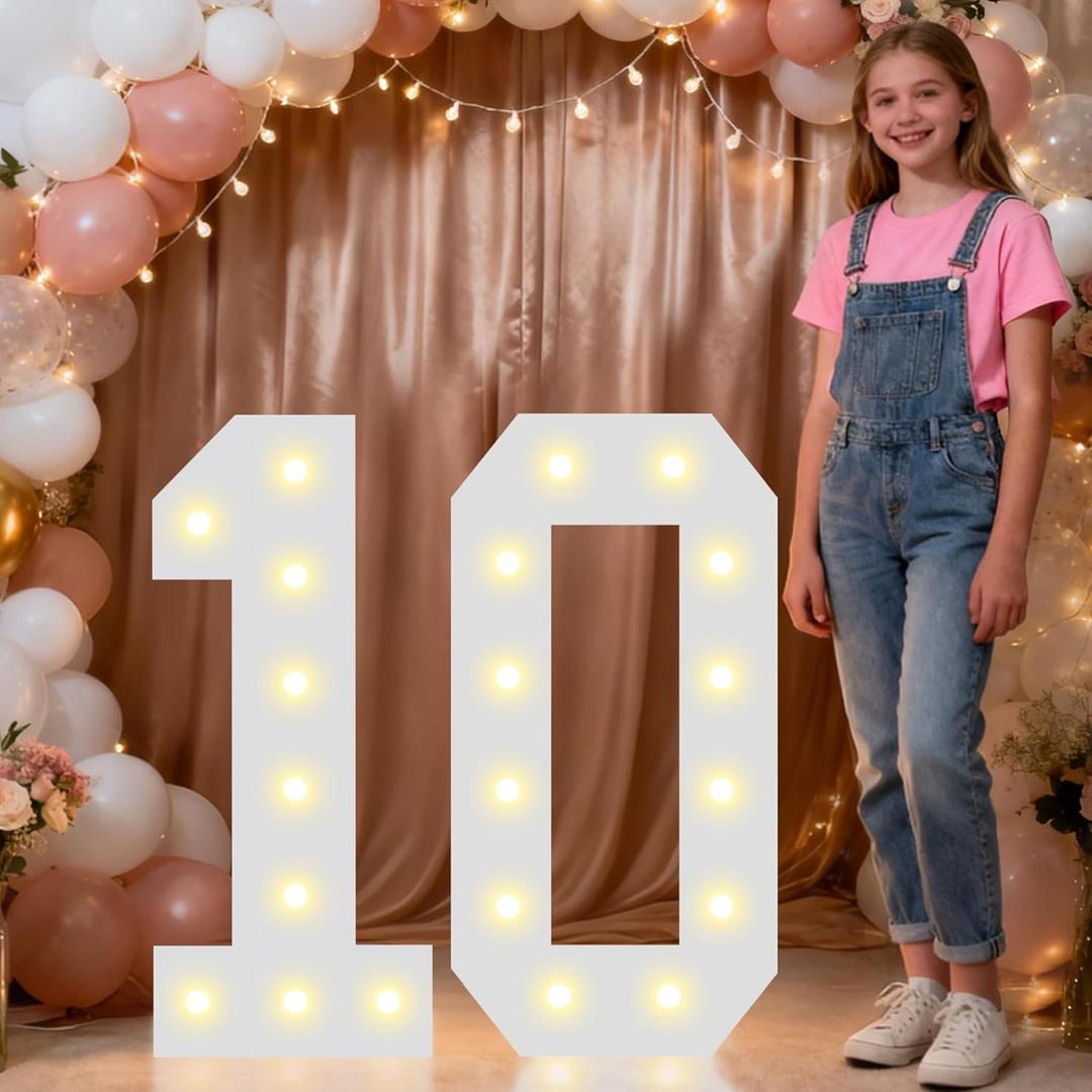 Pooqla 2.4FT Light Up Numbers for 10 Year Old Girl Boy Gifts, Marquee Numbers 2.4 Feet Tall Party Decor for Her Him, Mosaic Big Sign for 10th Birthday Decoration Backdrop, Warm White Large Number 10